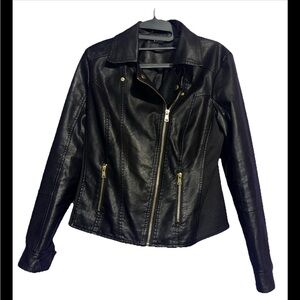 Baccini Black Faux Leather Gold Zippers Stand Collar Biker Jacket Small